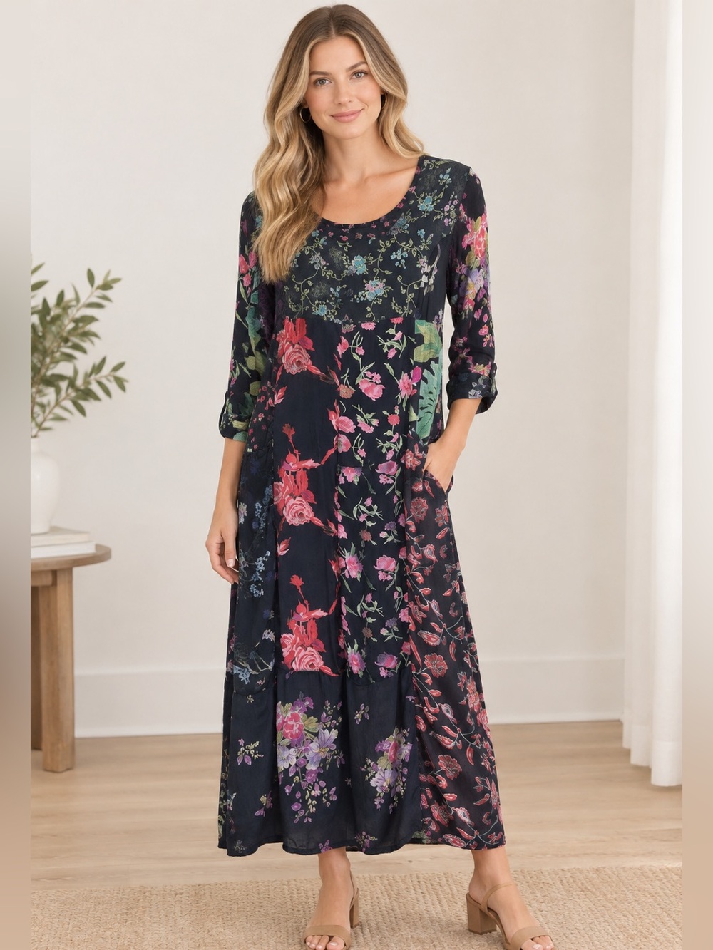Sacred Threads Black Floral Maxi Dress with Pink, Green & Purple Blooms Size M